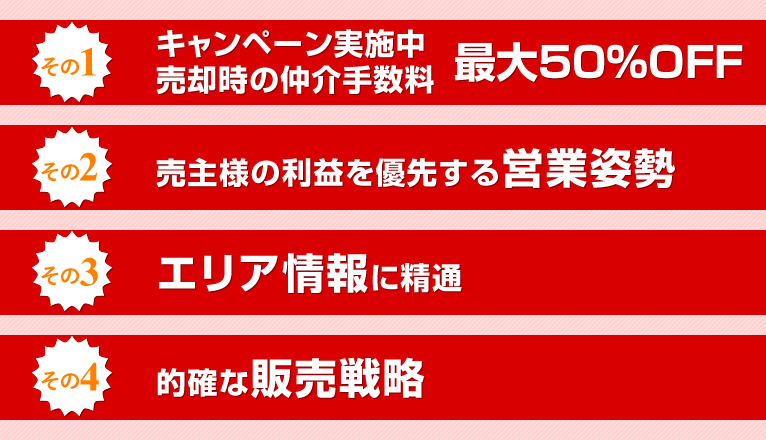 キャンペーン実施中売却時の仲介手数料最大50％OFF｜売主様の利益を優先する営業姿勢｜エリア情報に精通｜的確な販売戦略